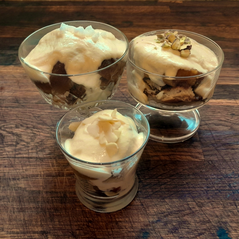 Three classes of apple cream: poached apples over toasted hot cross buns, topped with a rich egg custard cream.