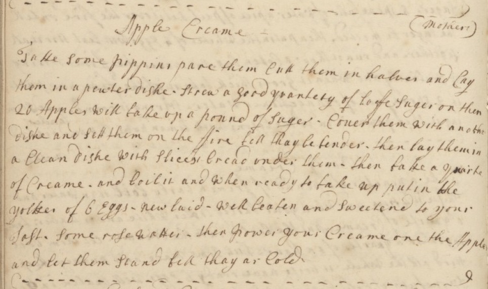 Handwritten recipe for Apple Cream, from a manuscript dated circa 1725, MS1343, at the Wellcome Collection